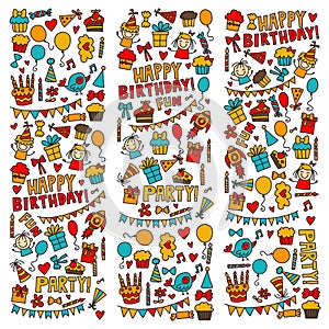 Vector kids party Children birthday icons in doodle style Illustration with children, candy, balloon, boys, girls