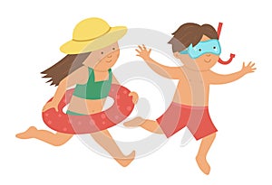 Vector kids running to the sea. Children doing beach activity. Cute boy and girl with diving mask, snorkel and inflatable ring.
