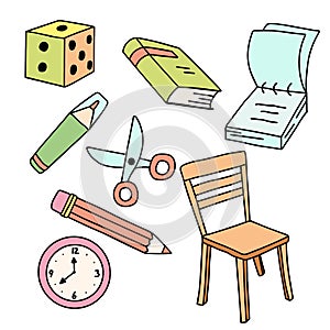 Vector kids set with hand drawn elements pencil, book, chair, cube, marker, clock . Sticker collection with simple