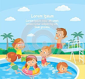 Vector kids in swimming pool swimming and jumping from diving platform