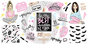 Vector Kit with girls or young women, seamless patterns with lashes, mascara and fashion quotes about makeup, days of