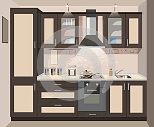 Vector kitchen interior card flat illustration