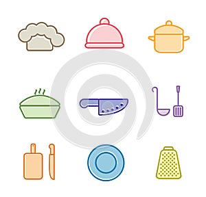 Vector kitchen, restaurant and culinary icons. Chef cap, cloche, pan, knife, laddle, grating board, saucepan, plate