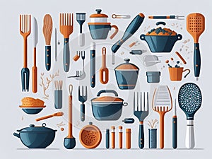 Vector kitchen tools on a white background create a clean and minimalistic presentation that emphasizes the details and shapes of