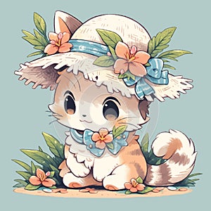 vector kitten wearing a hat and flowers