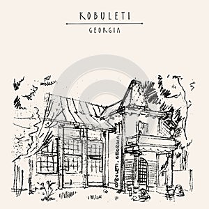 Vector Kobuleti, Ajara, Georgia postcard. Beautiful historical old house. Cozy street view. Travel sketch drawing. Hand drawn