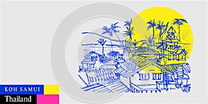 Vector Koh Samui, Thailand drawing postcard. Tropical island resort with palm trees jungle. Artistic Southeast Asia travel sketch