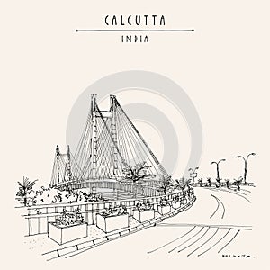 Vector Kolkata (Calcutta), India postcard. Vidyasagar Setu bridge artistic cityscape