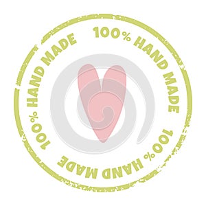 Vector label for 100 percent hand made product. Vector textured round product sticker, badge, logo template with hand