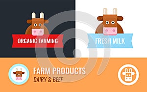 Vector Label for Cow Farm. Cartoon Cow Mascot with Captions on different background