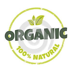 Vector label for organic natural product. Product sticker illustration, badge. Textured round logo with green leaves and
