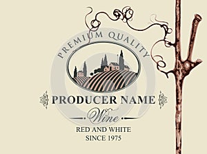Vector label for red and white wine with rural landscape of vineyards and Italian village in oval frame and with grapevine in