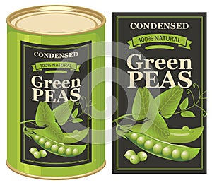 Vector label for a tin can of canned green peas