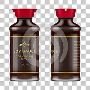 Vector labeled full glass soy sauce bottle on transparent background