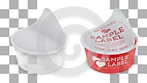Vector labeled open round transparent plastic container with opened foil seal. Packaging mockup illustration