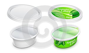 Vector labeled oval plastic container with foil. Packaging mockup
