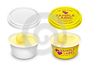 Vector labeled plastic round container with butter curl or roll. Packaging mockup illustration
