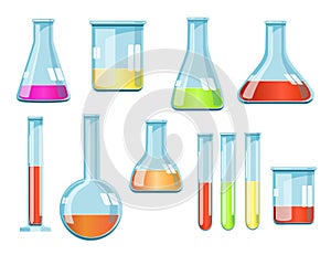 Vector laboratory glassware with liquids of different colors