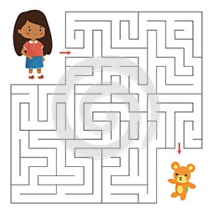 Vector labyrinth game. Help the girl find right way to her teddy bear.