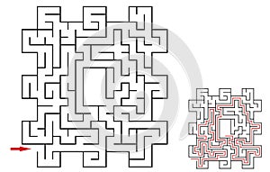 Vector labyrinth with the goal to reach a center of the maze. Difficulty level - easy. Children logic game for brain