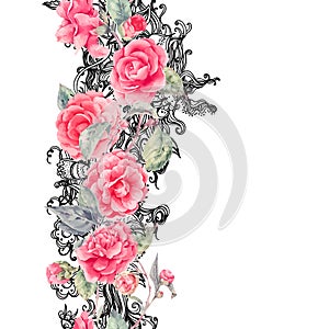 Vector lace and camellia flowers seamless border