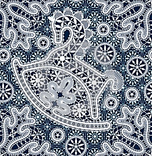 Vector Lace Seamless Pattern. Blue Lace Horses.