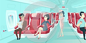 Vector of a lady flight attendant serving drinks to passengers on board of the plane