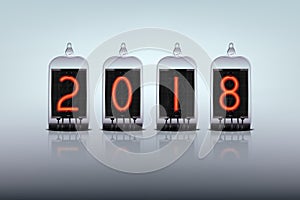 Vector lamp clock with 2018 numbers on blue background. New Year steampunk illustration.