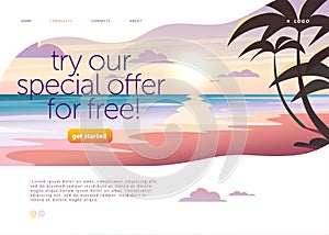 Vector landing page design template with beautiful flat sunset seacoast with palm trees landscape illustration.