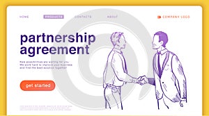 Vector landing page design template with illustration of business people shaking hands isolated on white background.