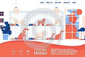 Vector landing page design template with interior of dog shelter. Puppies in a cage yearn for freedom. Concept illustration in red photo