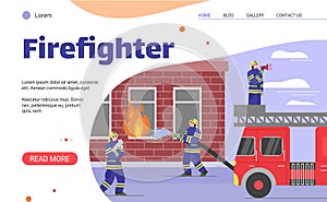 Vector landing page template of firefighters extinguishing a house fire.