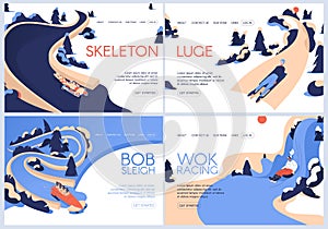Vector landing pages set for luge, skeleton sport, bobsleigh and wok racing. Winter activities and women training