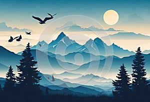 Vector landscape with blue silhouettes of mountains hills and forest and sky with clouds and birds stock illustrationMountain
