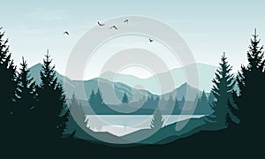 Vector landscape with blue silhouettes of mountains, hills and forest and sky with clouds and birds photo