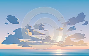 Vector landscape blue sky and clouds. Sunset. Anime cartoon clean style.