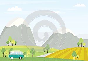 Vector landscape. fields and van. Road trip. Vacation