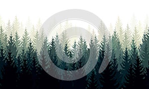 Vector landscape with green silhouettes of coniferous trees in the mist