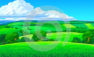 Vector landscape. Green summer hills covered with trees and grass.