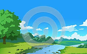 Vector landscape with hills and river, sky and clouds.