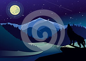 Vector landscape illustration with mountains and forests in night time. Wolf on the top of mountain howling at the moon