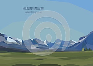 Vector landscape illustration with mountains and green field