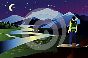 Vector landscape illustration with mountains in night time. Traveler and river view with darck sky, stars and moon.