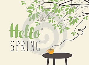 Landscape on spring theme with cup on the table