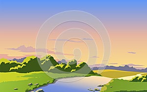 Vector landscape with river, sky and clouds. Anime cartoon style. photo