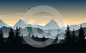 Vector landscape with silhouettes of trees, hills and misty mountains and morning or evening sky