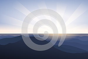 Vector landscape sunset mist and mountains