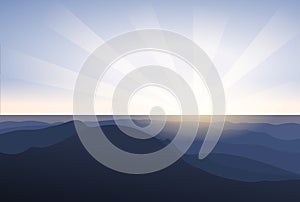 Vector landscape sunset mist and mountains