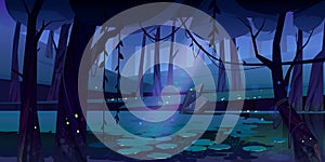 Vector landscape with swamp in night forest photo