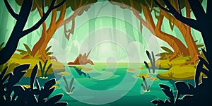 Vector landscape with swamp in rain forest photo